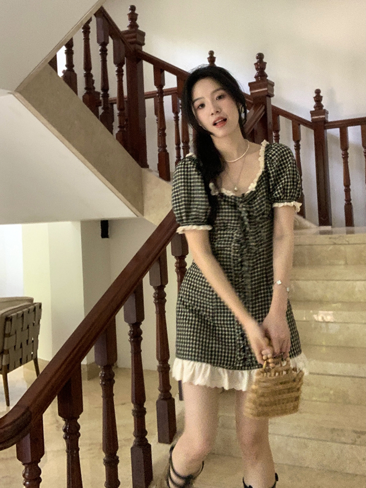 retro plaid lace short-sleeved dress female summer 2024 new